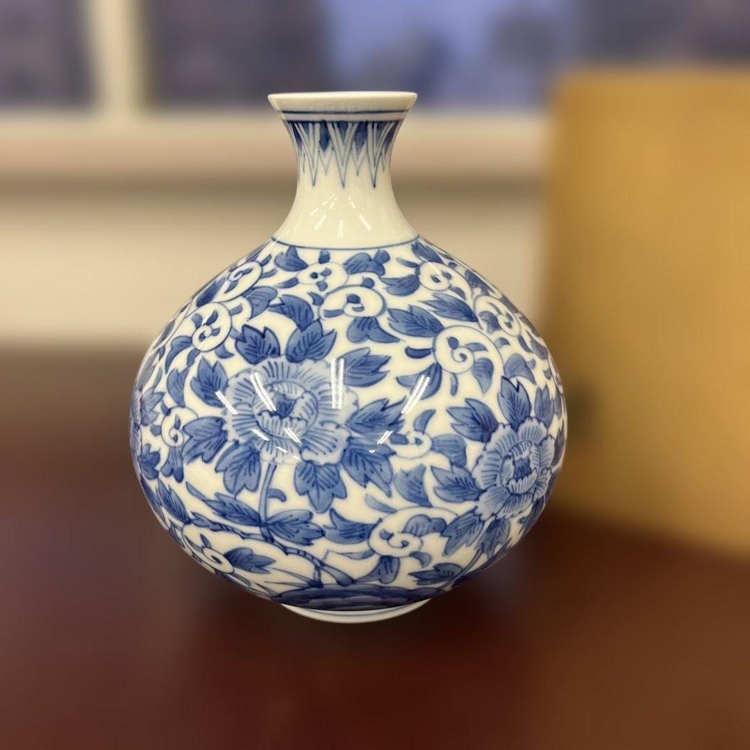 有田焼 高麗庵 清六窯 中村清見作 壺 青白花瓶 小型 木箱付き