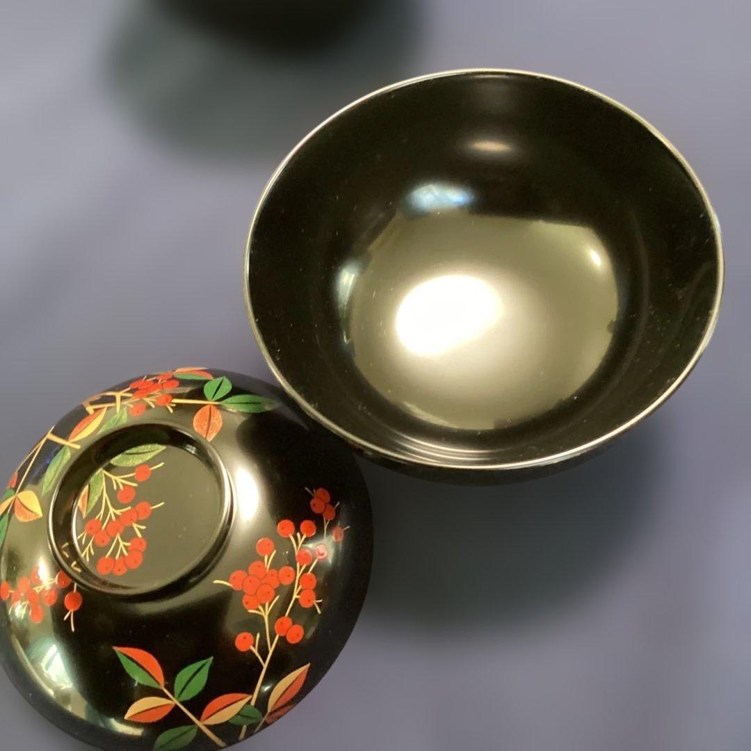 はっちゃん様専用 木乾黒塗り南天絵椀6客 新品未使用 雑煮