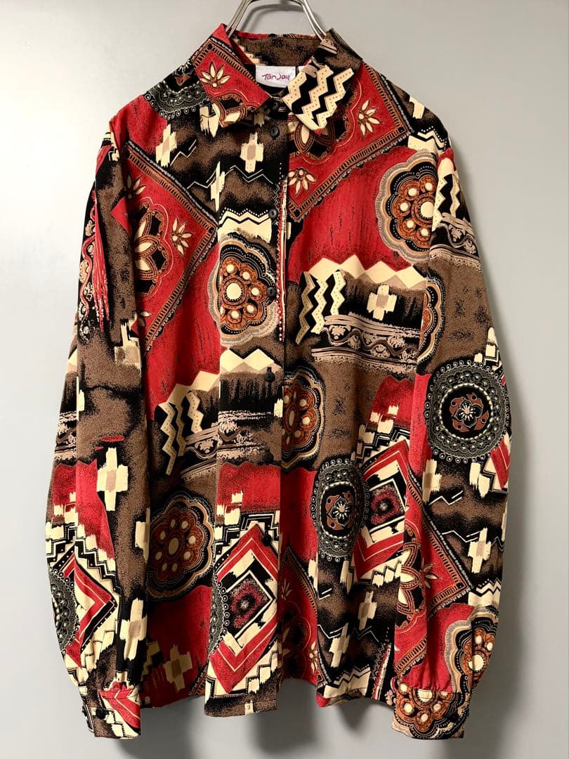 90sヴィンテージ 総柄シャツ エスニック ボヘミアン レトロ 古着