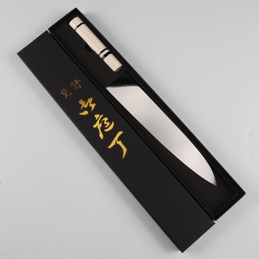 梵静刃物 牛刀 尺 ウルトラ鏡面仕上げ 和牛刀 両刃包丁 人工象牙黒三本巻八角柄 楽天市場】大型牛刀 両刃包丁 尺一（刃渡り330mm）通常鏡面仕上げ 本刃
