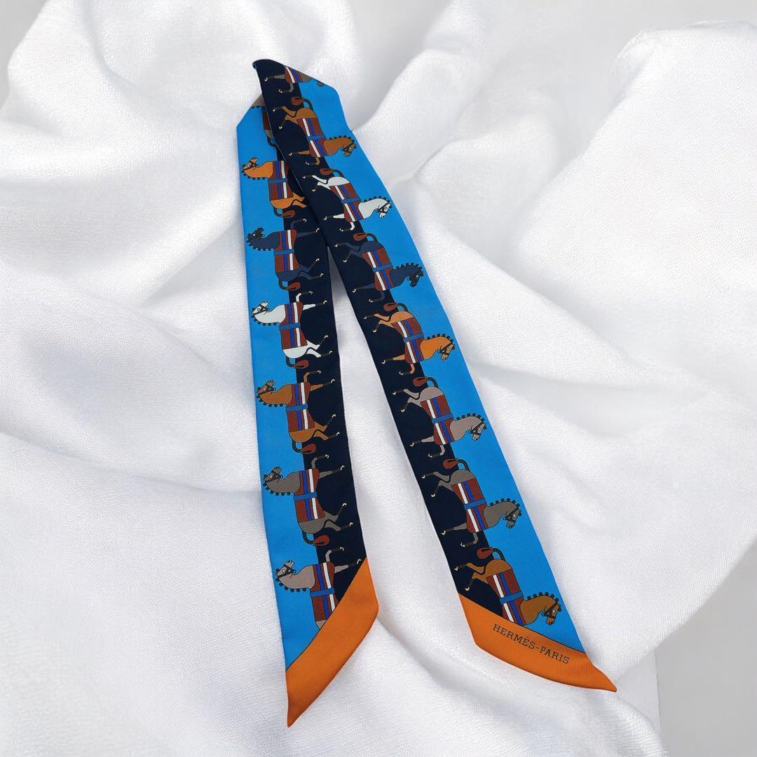 エルメス HERMES ツイリー スカーフ ターコイズ/マリン 馬柄 シルク