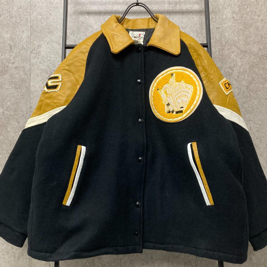 カナダ製《US古着》ウール・レザー 本革 中綿 スタジャン 刺繍ロゴ メンズM
