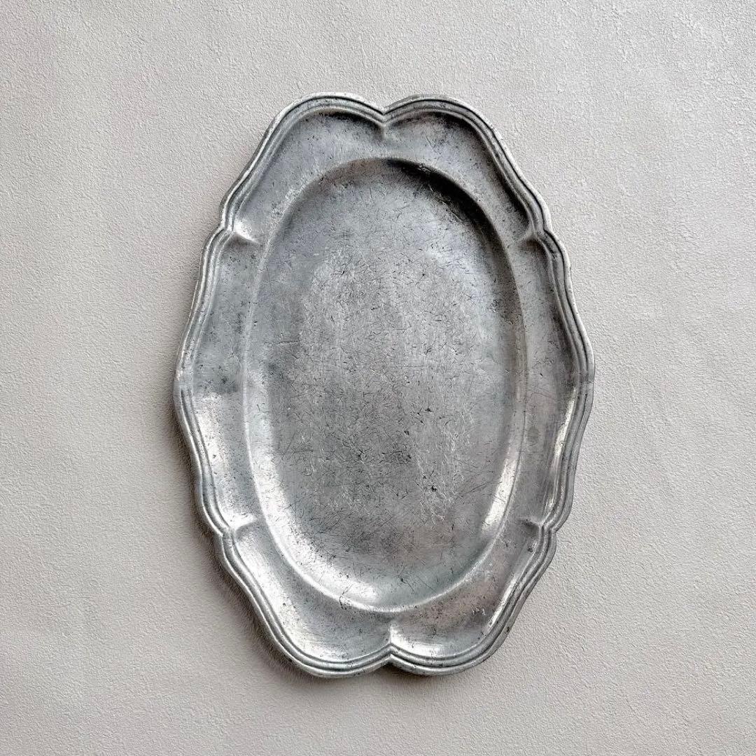 フランス アンティーク ピューター 花リム 大判 オーバルプレート 36cm フランス アンティーク ピューター 花リム 大判 オーバルプレート 36cm