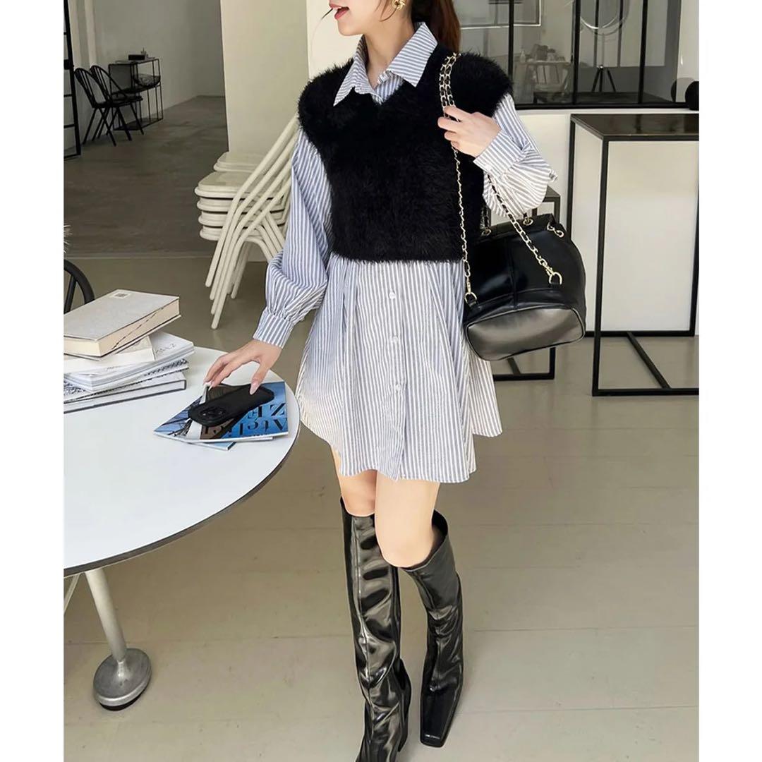 新品 ロイヤルパーティー ニットベスト付くびれるストライプシャツ