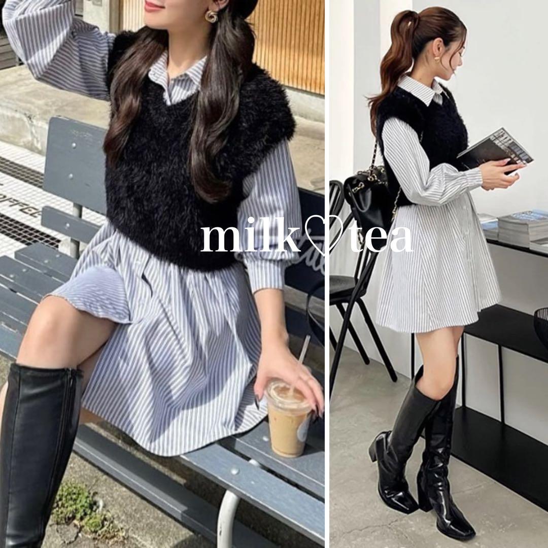 新品 ロイヤルパーティー ニットベスト付くびれるストライプシャツワンピース F 新品 ロイヤルパーティー ニットベスト付くびれるストライプシャツ