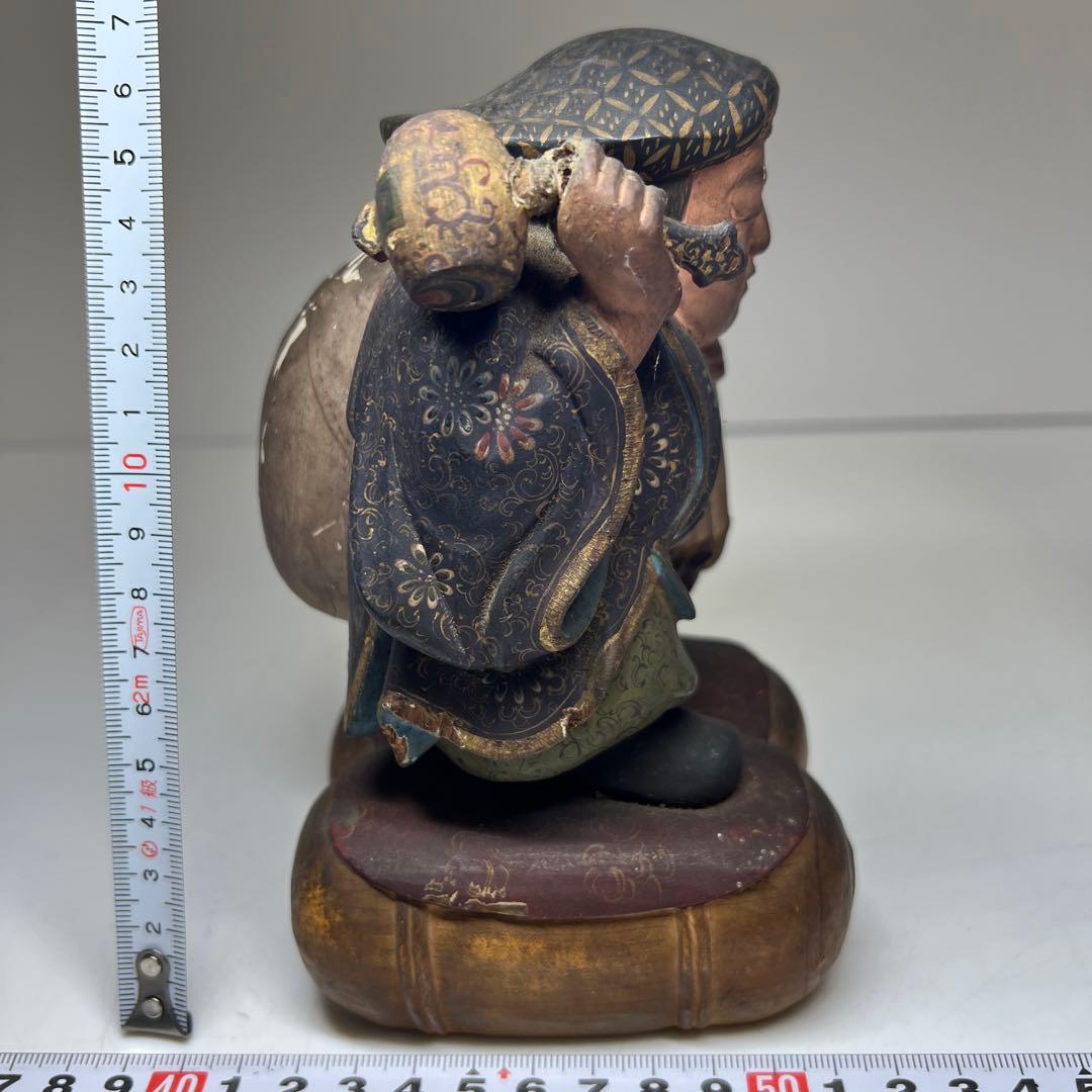 江戸後期 木彫色絵大黒 高さ約17㎝ 東Y7-1223①トヒチル