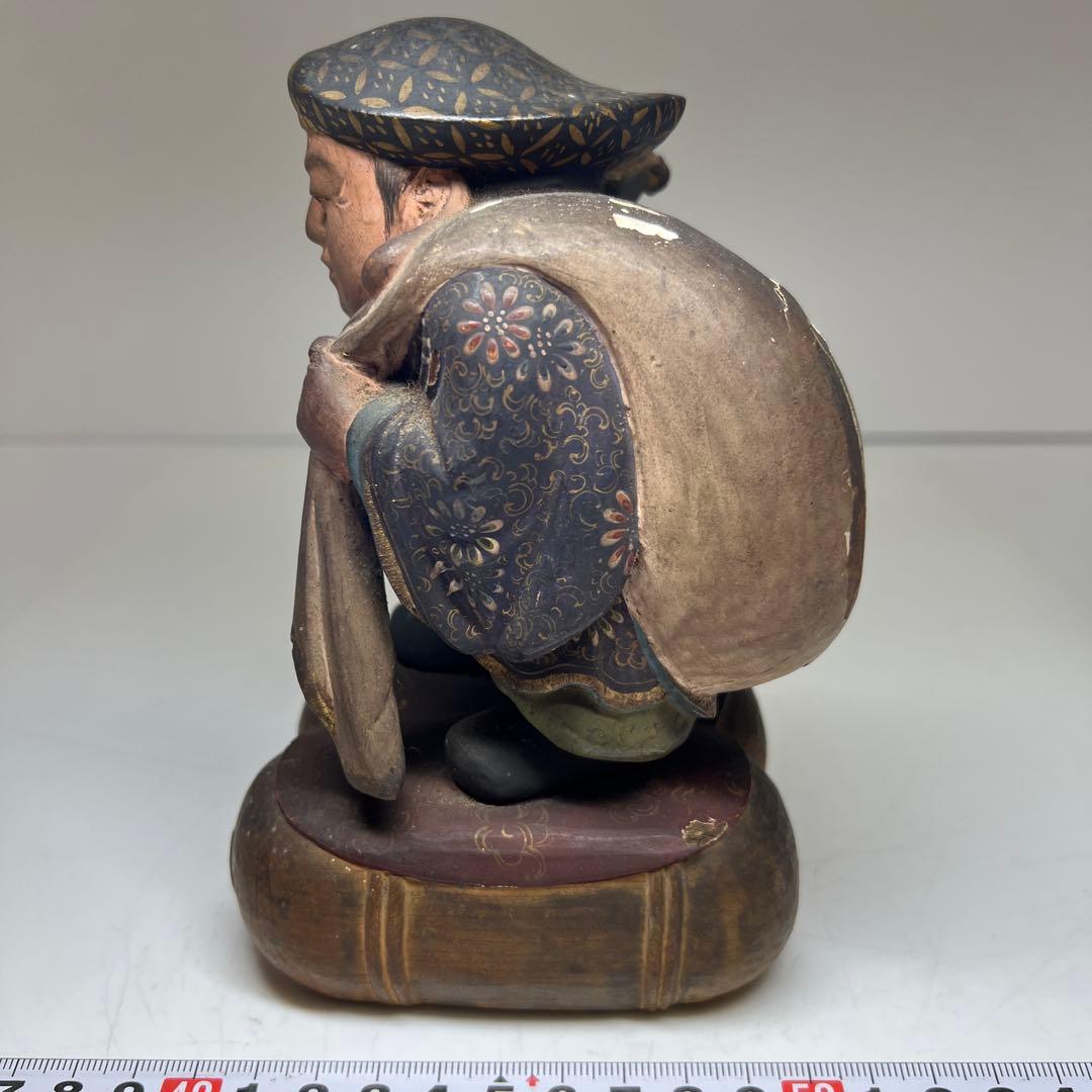 江戸後期 木彫色絵大黒 高さ約17㎝ 東Y7-1223①トヒチル
