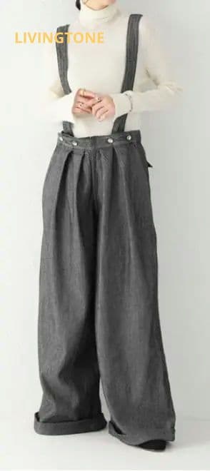 LIVINGTONE SHEPARD ネイビー サスペンダー付きワイドパンツ - メルカリ