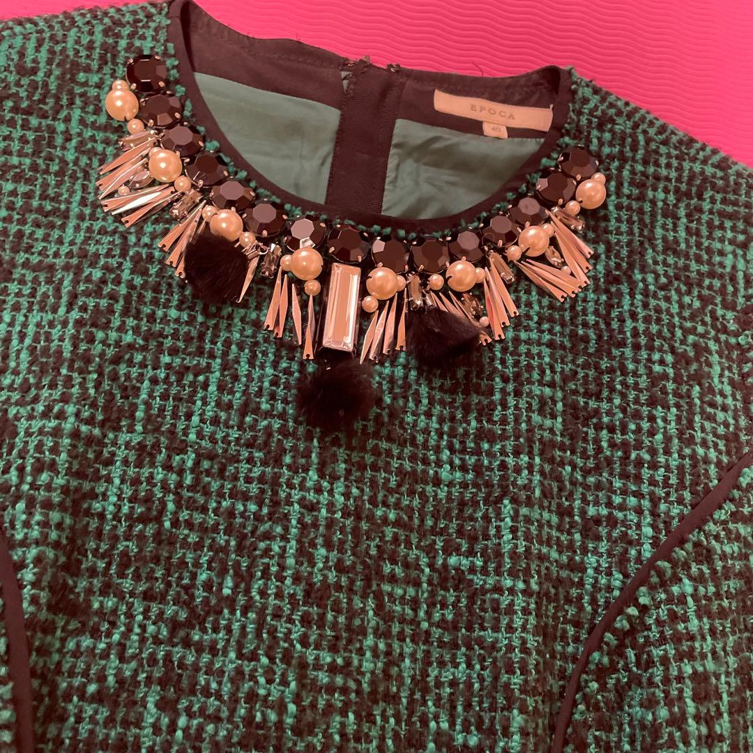 EPOCA ノースリーブ ひざ丈ワンピース 40 グリーン 緑 秋冬 ツイード