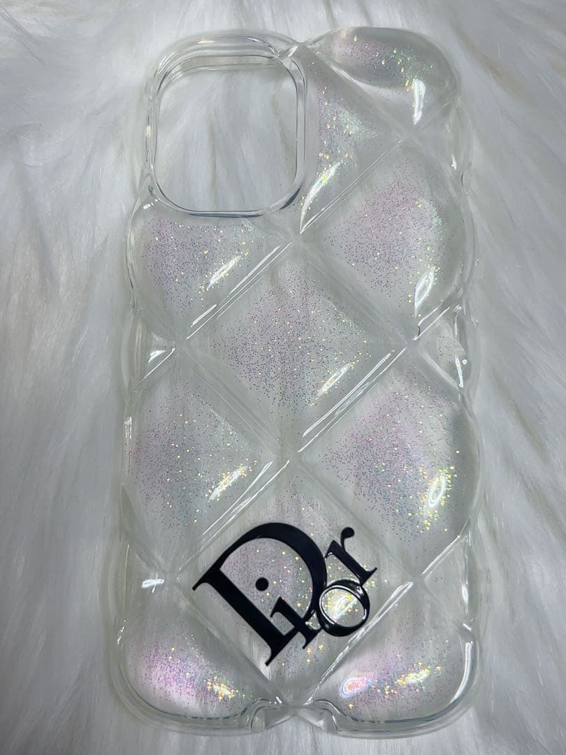 Dior クリアラメ入り キルティング iPhone16ケース チュールストラップ