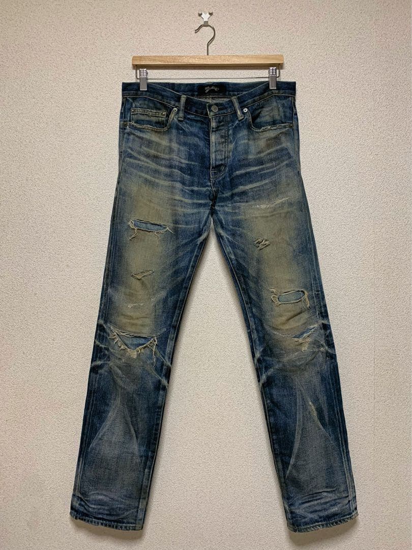 Marbles デストロイクラッシュ デニム リペア加工 汚れ加工 jeans スリムストレートクラッシュ&リペア加工デニム｜メンズ