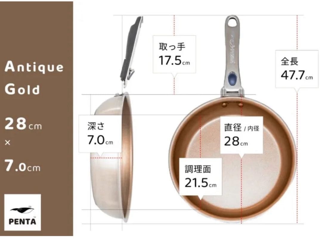 フライパンPENTA 2.028cm×7.0cm 深型 IH直火 アンティック