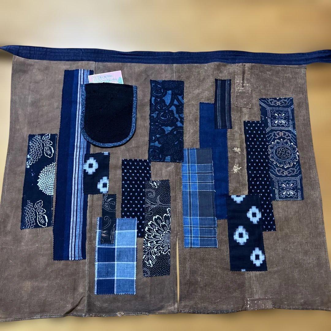 柿渋染め酒袋古布型染め雪ん子格子、縞木綿庄内刺し子ポケット