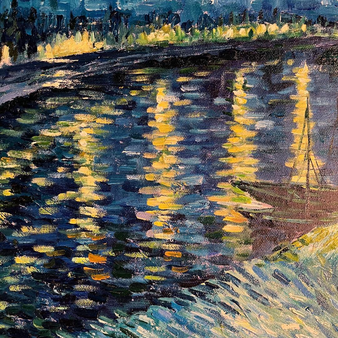 ☆秀作☆ 手書き油絵 ゴッホ ローヌ川の星月夜 肉筆絵画 額付き 油彩画