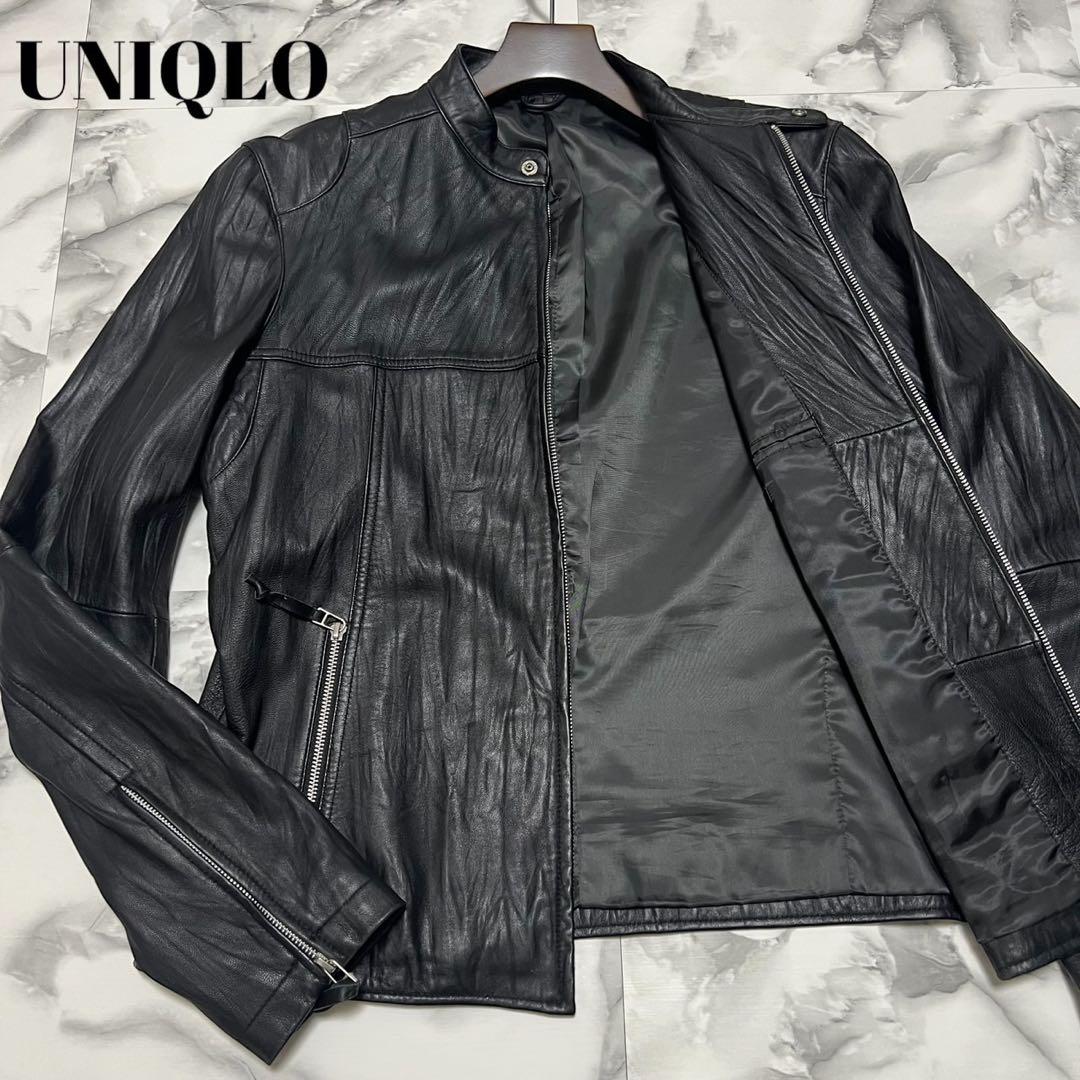 美品】ユニクロ 羊革 レザージャケット ライダース シワ加工 ブラック