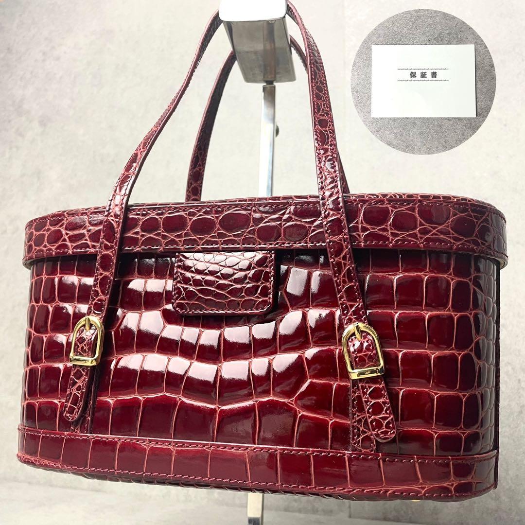 美品 保証書付き クロコダイル 型押し シャイニング バニティ ボルドー 鏡付き 楽天市場】【5%オフクーポン】クロコダイル ハンドバッグ シャイニング
