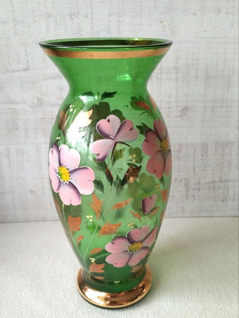 ボヘミアグラス ボヘミアングラス 花瓶 グリーン 花 チェコスロバキア