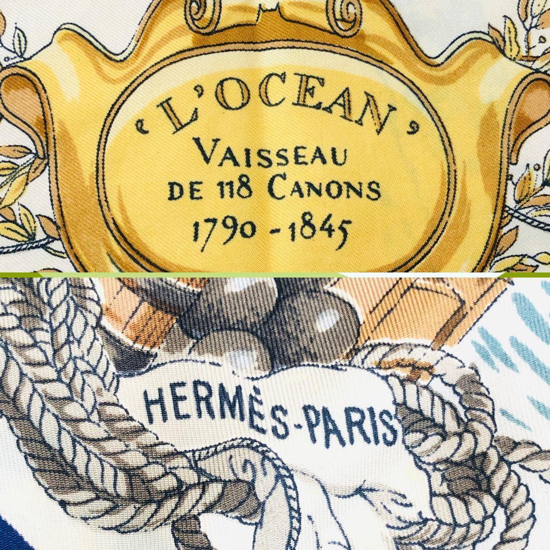 HERMES エルメス カレ90 船 ネイビー系 スカーフ タグなし