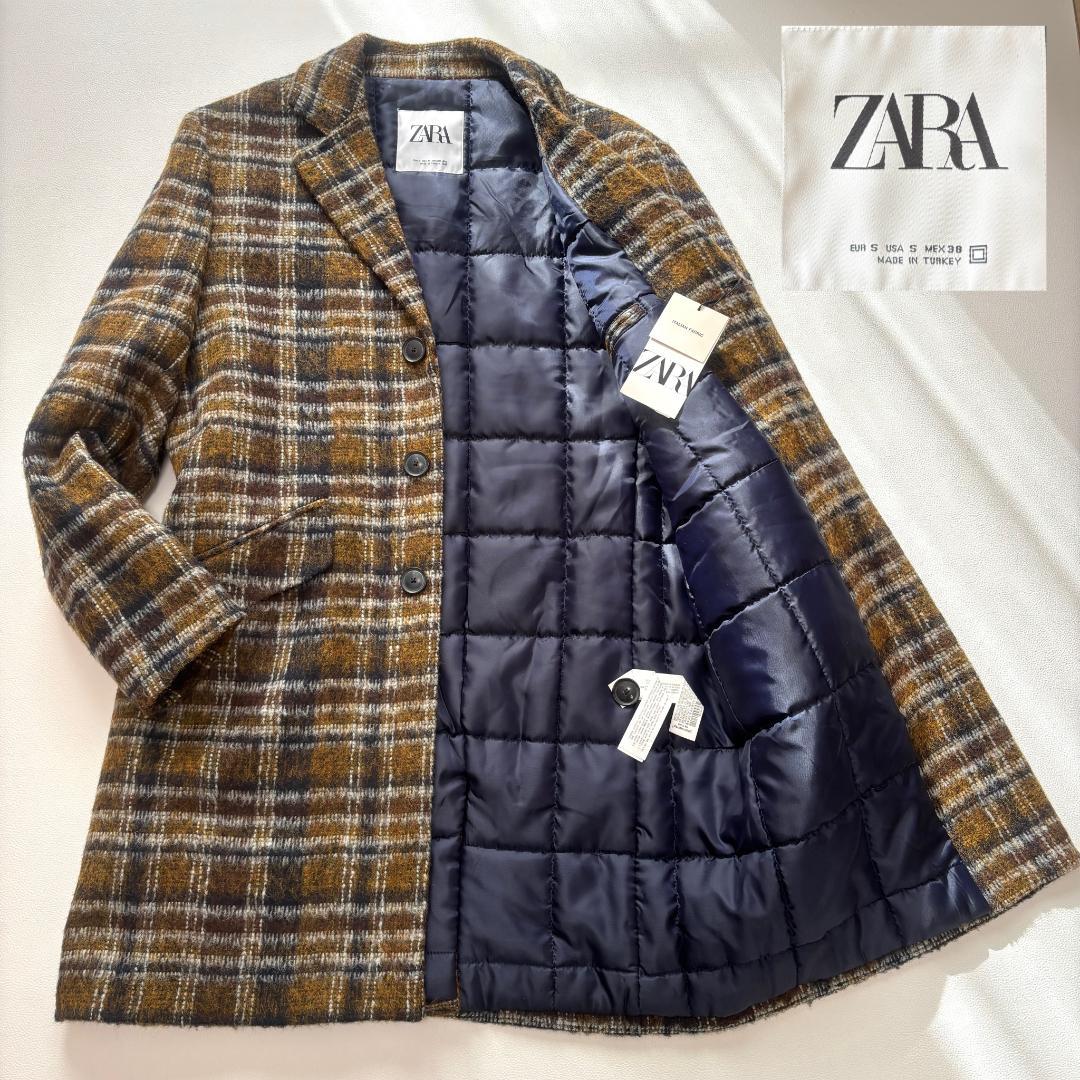 【新品】 ZARA チェスターコート キルティング アルパカ L相当 チェック柄 新品】 ZARA チェスターコート キルティング アルパカ 小売 L相当