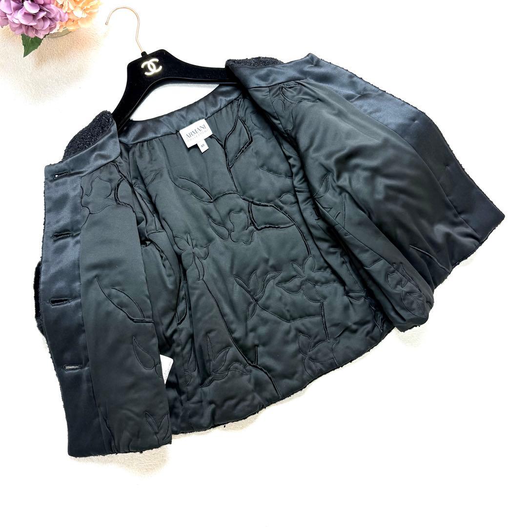 アルマーニ コレッツォーニ ファー付 ツイードショートコート 黒 40