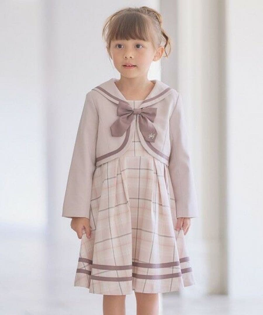 familiar 長袖 チェック刺繍 セーラ風襟 ワンピース 110センチ