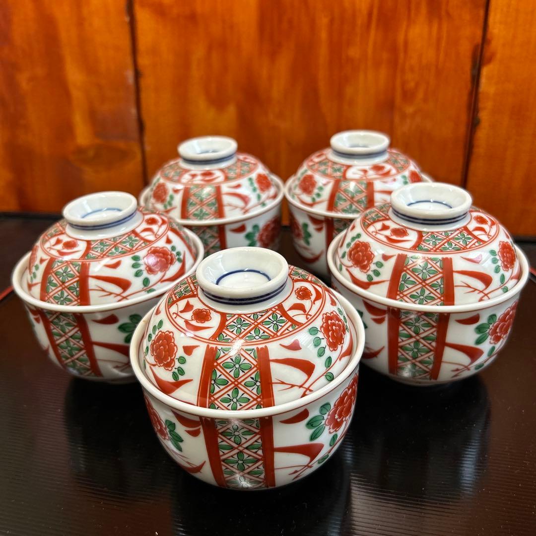 有田焼 喜峰窯 5客セット 赤絵 茶碗蒸し器 蓋付き碗 円菓子碗 蓋物
