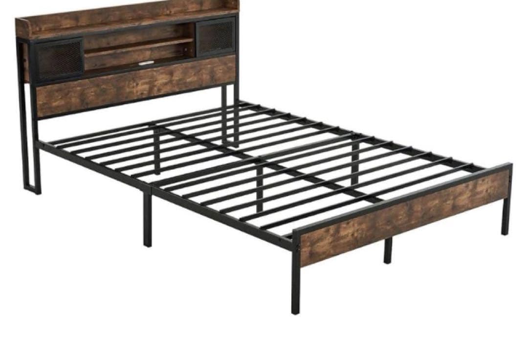 ダブルベッド フレーム 宮付き コンセント付き 木製 パイプベッド スチール製 ダブルベッドフレーム 組立式 パイプベッド コンセント付き 宮付き 棚