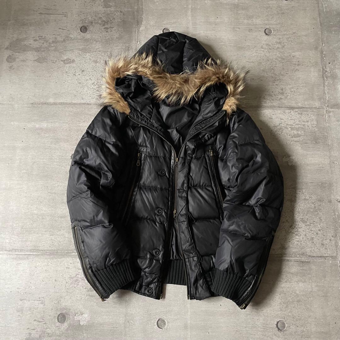 y2k ファーダウンジャケット レザー 短丈 光沢 平成 ギャル男