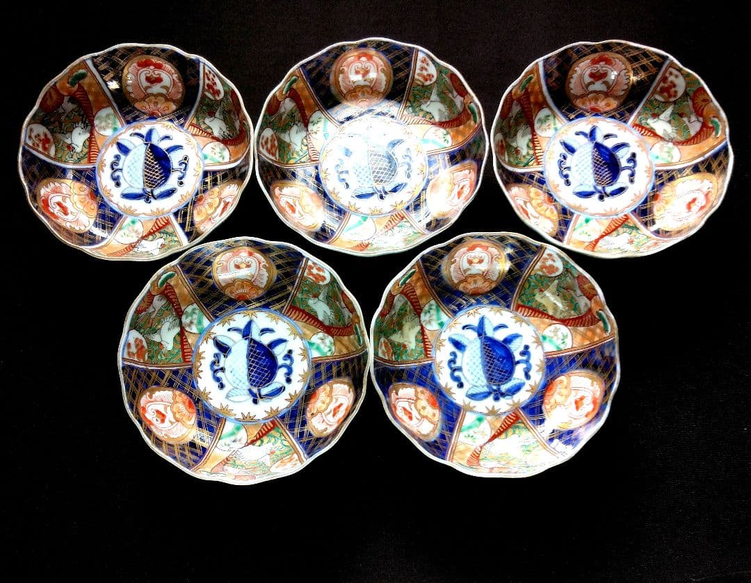 明治～大正 古伊万里 絢爛豪華 金襴手 二重角冨紋 膾皿 5客揃 角富 な