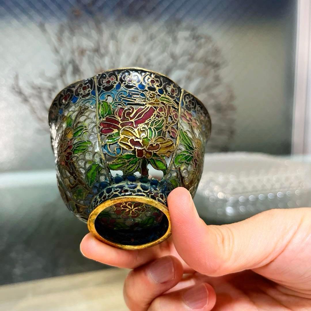 骨董 ガラス七宝 透胎七宝 省胎七宝 透かし技法 彩色花綴り 輪花