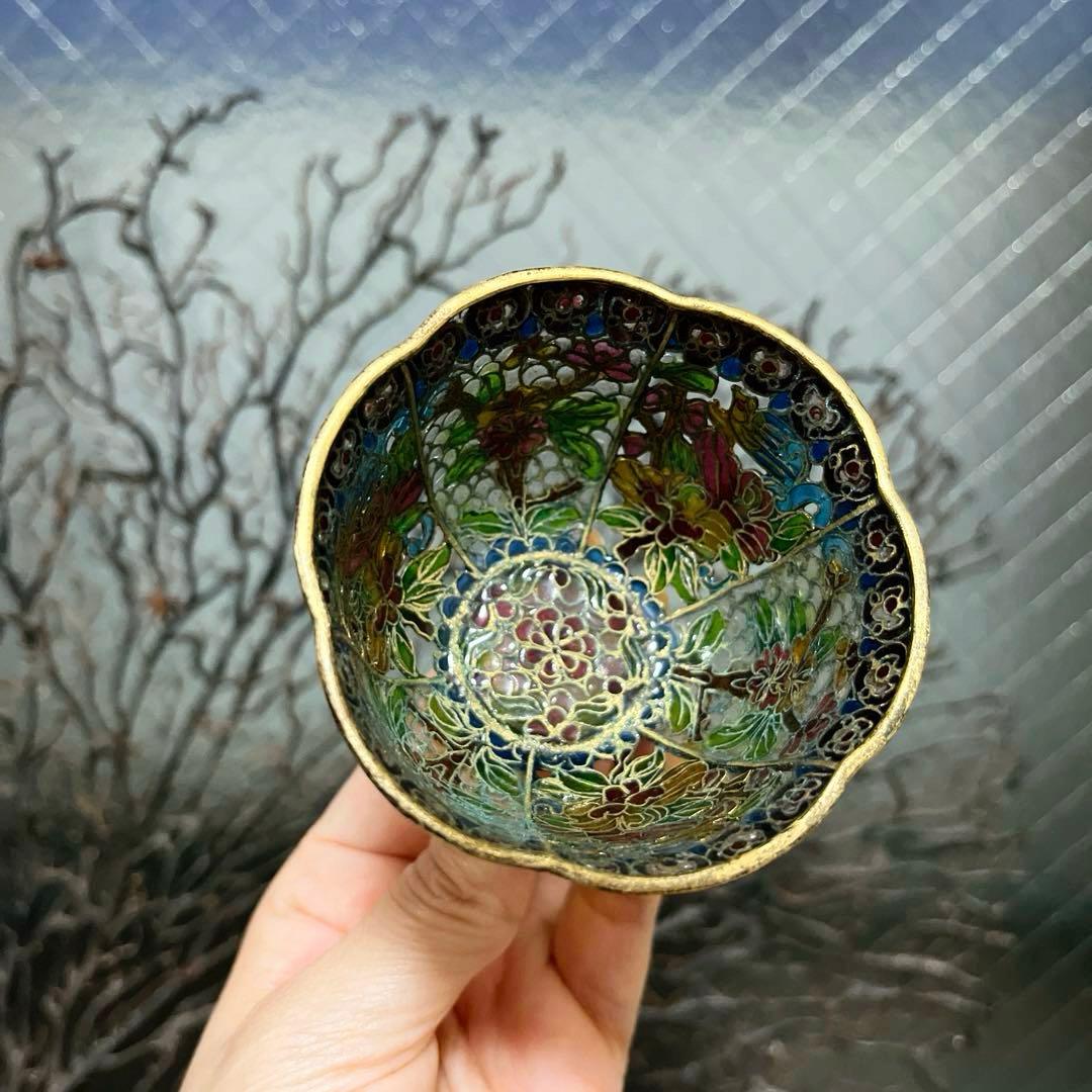 骨董 ガラス七宝 透胎七宝 省胎七宝 透かし技法 彩色花綴り 輪花