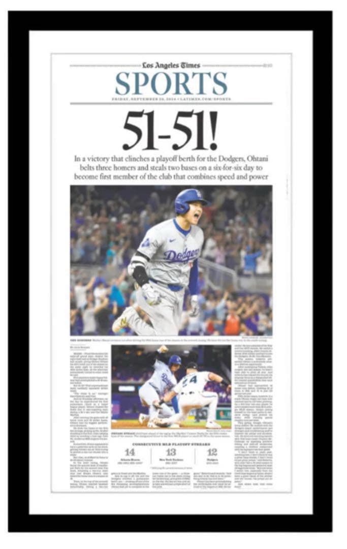 ドジャース 大谷翔平 『伝説の試合記念号】ロサンゼルスタイムズ 額縁
