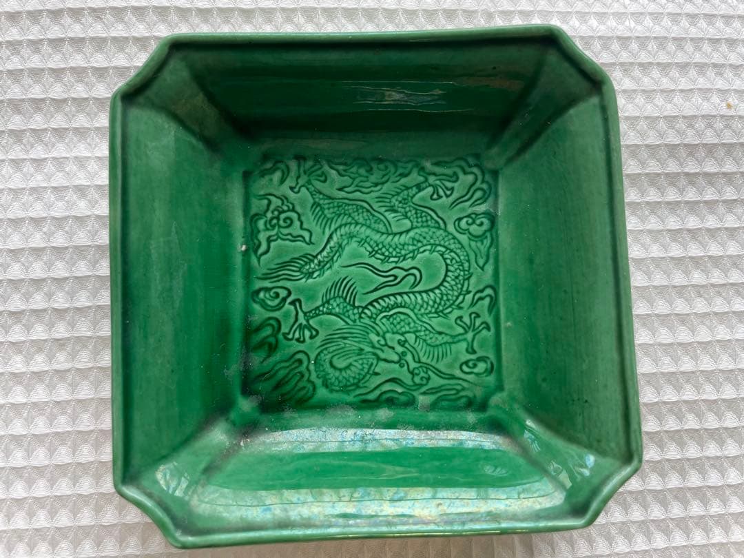 淡路珉平焼き　緑釉薬　雲龍　四方隅切り皿　小皿　5枚組 Yahoo!オークション - 珉平焼 緑釉龍文小判型小皿6枚 江戸時代 淡路焼
