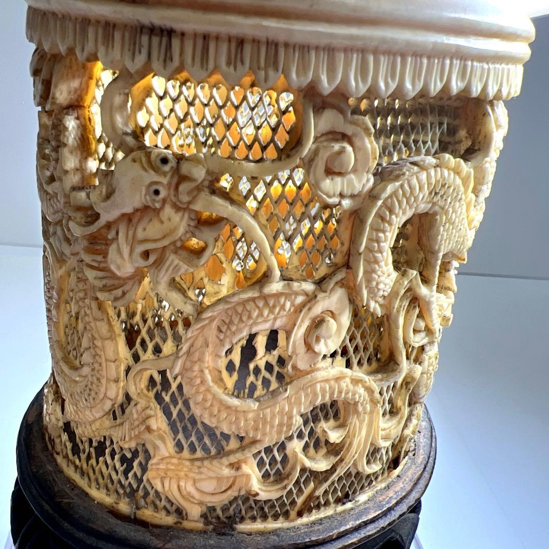 極上透かし雲龍筆筒 247g/高さ約14㎝ 東Y7-1223☆2Fトヒルウ