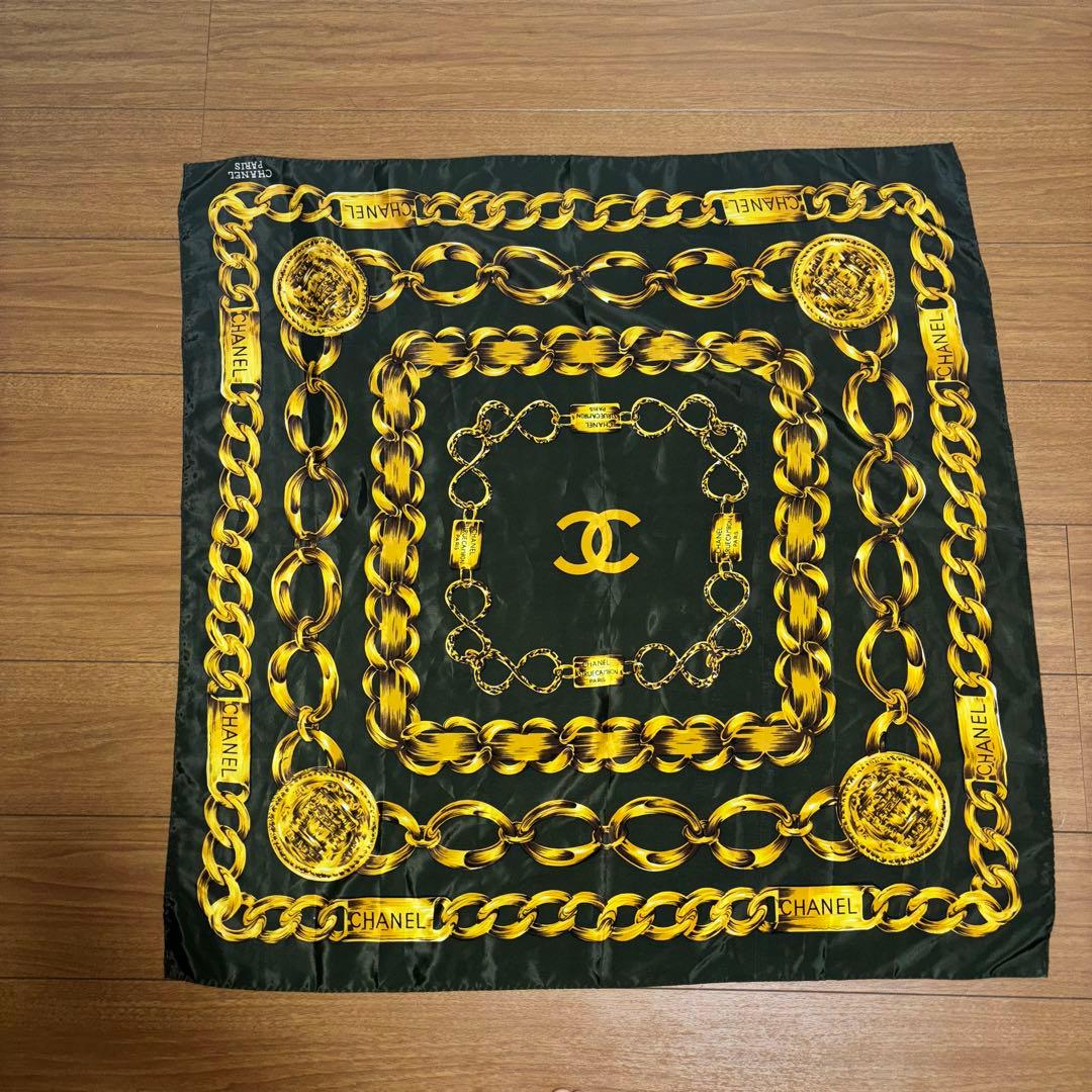 ヴィンテージ CHANEL シャネル ロゴ チェーン柄 シルク スカーフ