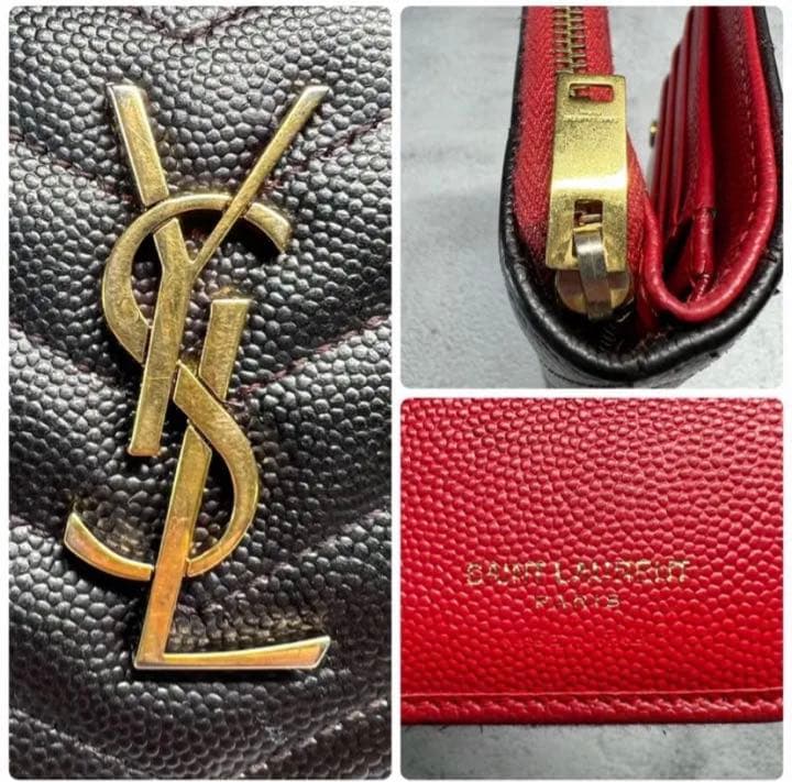 イヴ・サンローラン 財布 ラウンドジップ YSL 2つ折り ミニ財布 レッド