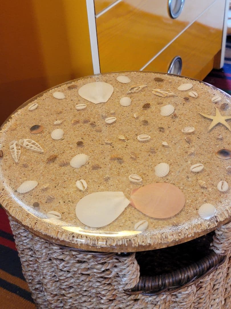 シェルトップ収納スツール 貝殻 装飾 硝子付き収納 バスケット インテリア