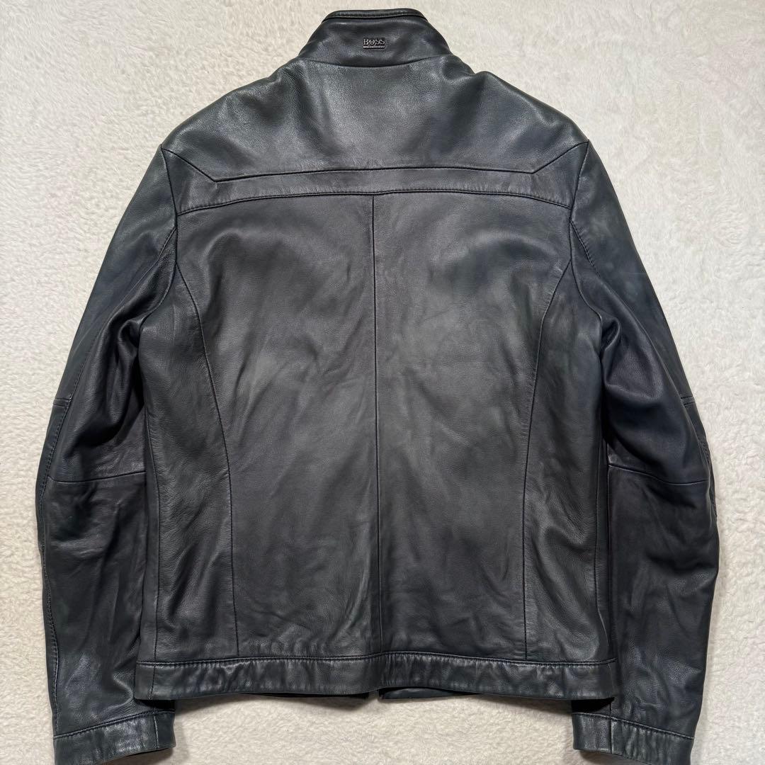 希少カラー ネイビー系 ヒューゴボス シングルライダースジャケット 羊