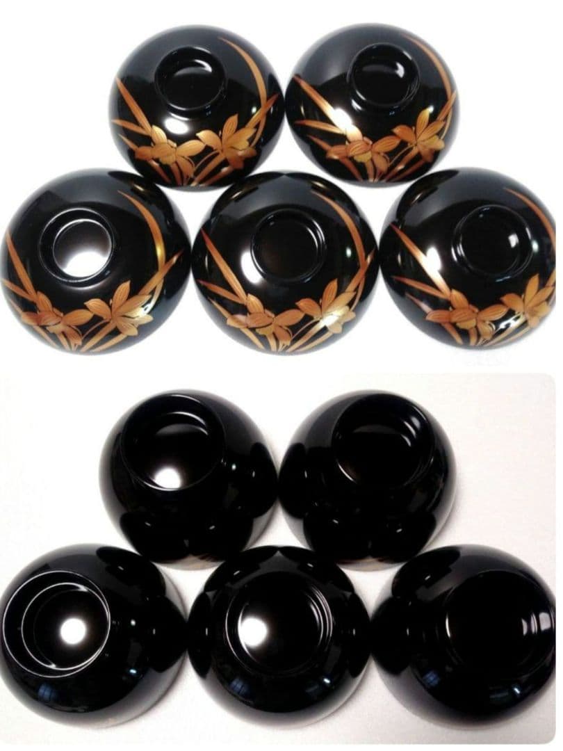 会津塗 漆器 金彩 蒔絵 蘭文様 蓋付きお吸物椀 5客 雑煮椀 汁椀 吸椀