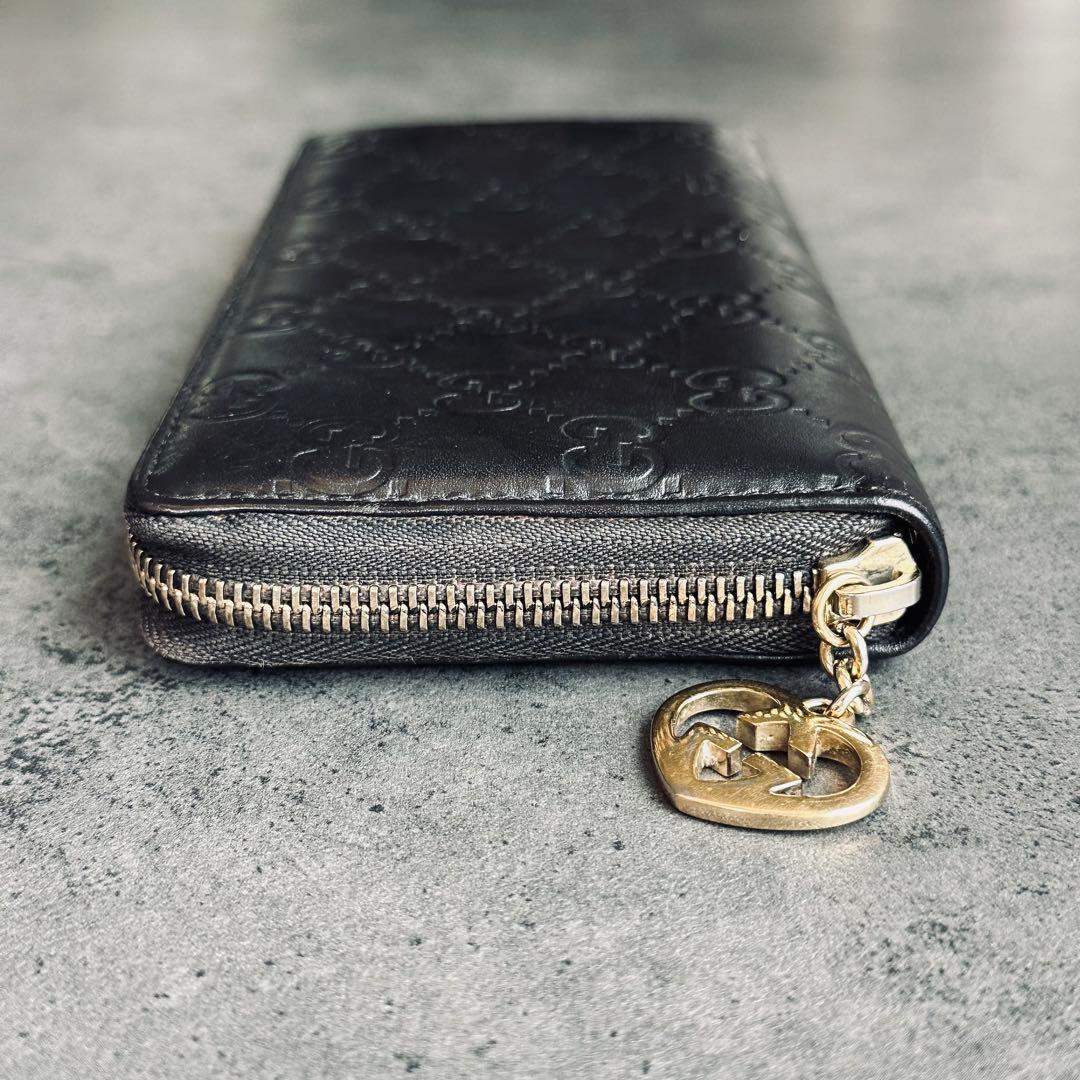 GUCCI GG シマ ラブリーハート レザー 長財布 ラウンドジップ 黒