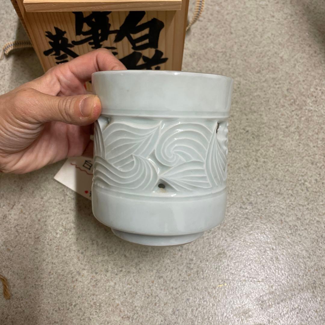 陶芸・陶器】椋木英三造 白磁筆簡（共箱）書道 筆筒