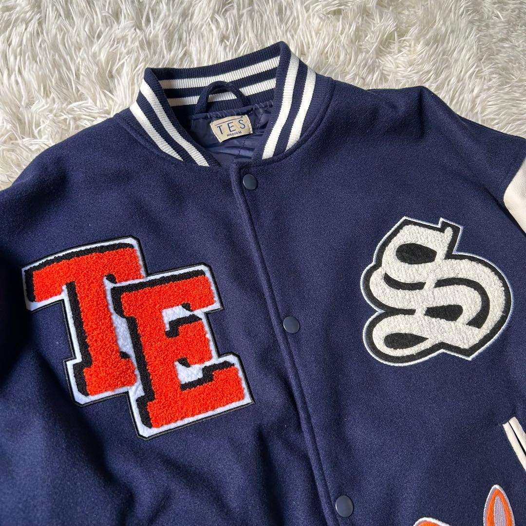 美品 TES スタジャン ビッグシルエット ワッペン ネイビー ホワイト