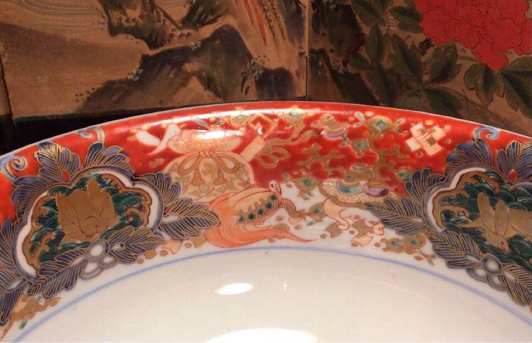 A897 大聖寺伊万里 波兎 竹林賢人 宝尽紋様 赤絵三鉢 『大明萬暦年