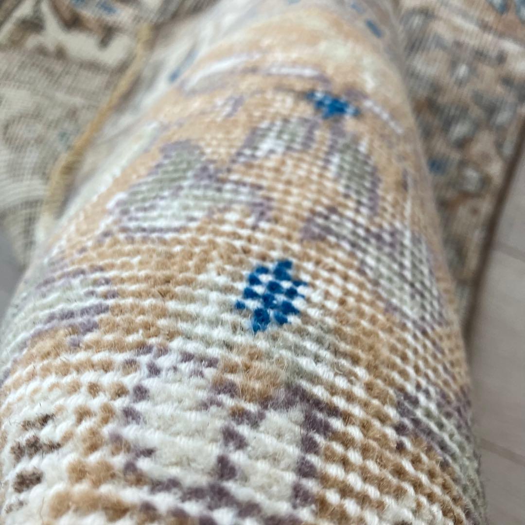 48×211ランナー 淡ブラウン ブルー ラインホワイト トルコヴィンテージラグ