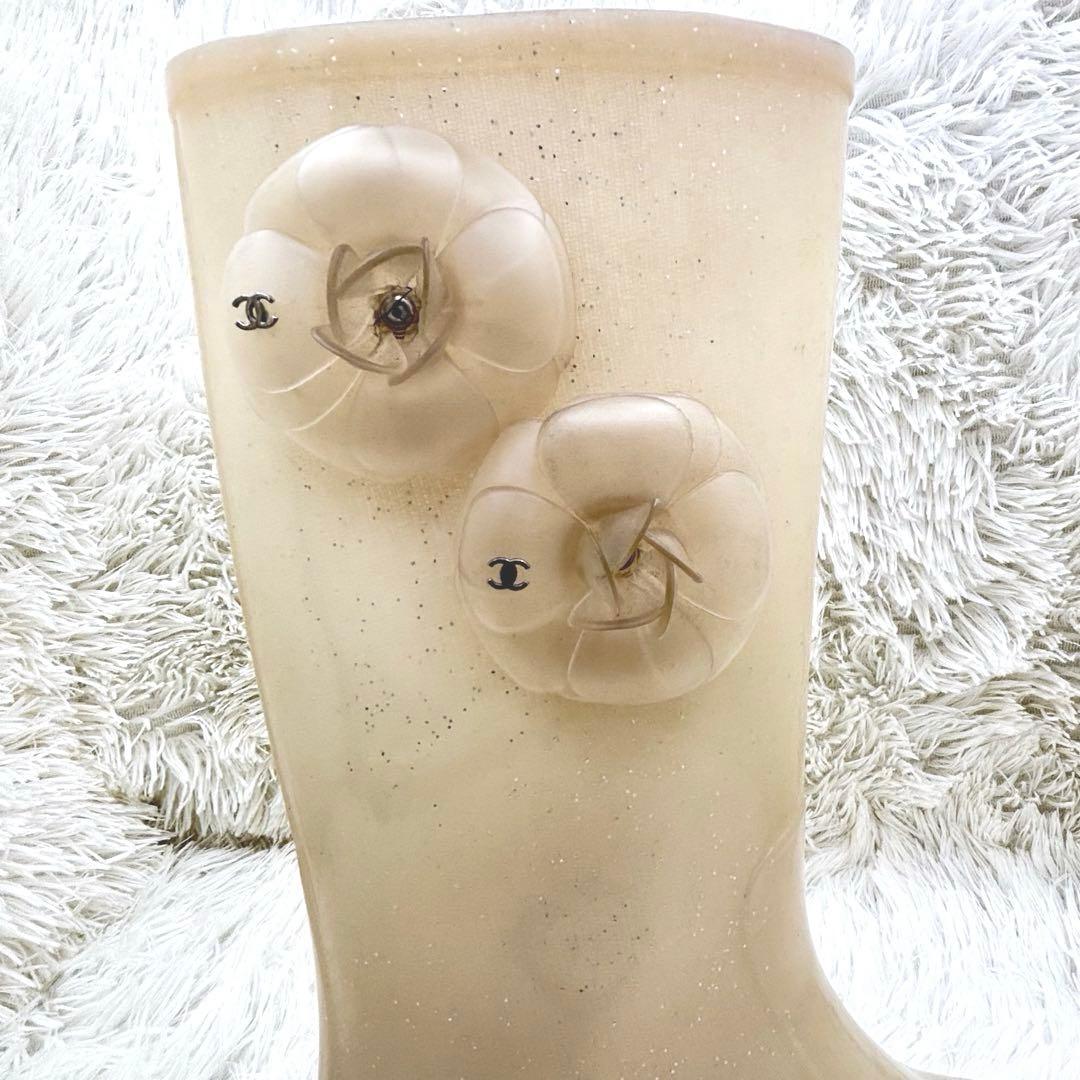 CHANEL レインブーツ カメリア ホワイト ココマーク シャネル 長靴 38
