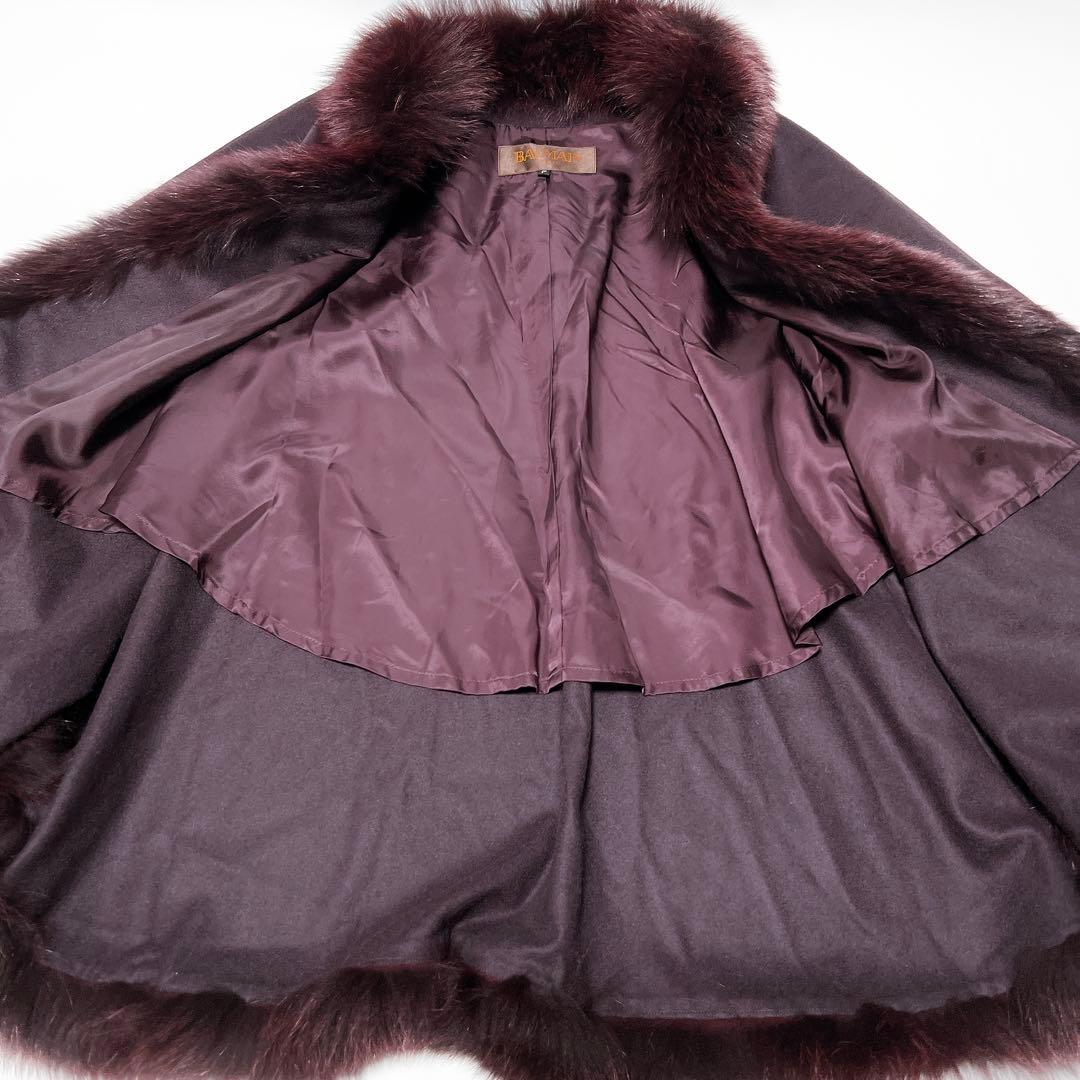 《美品》バルマン ポンチョ 羽織り カシミヤ100% フォックスファー パープル
