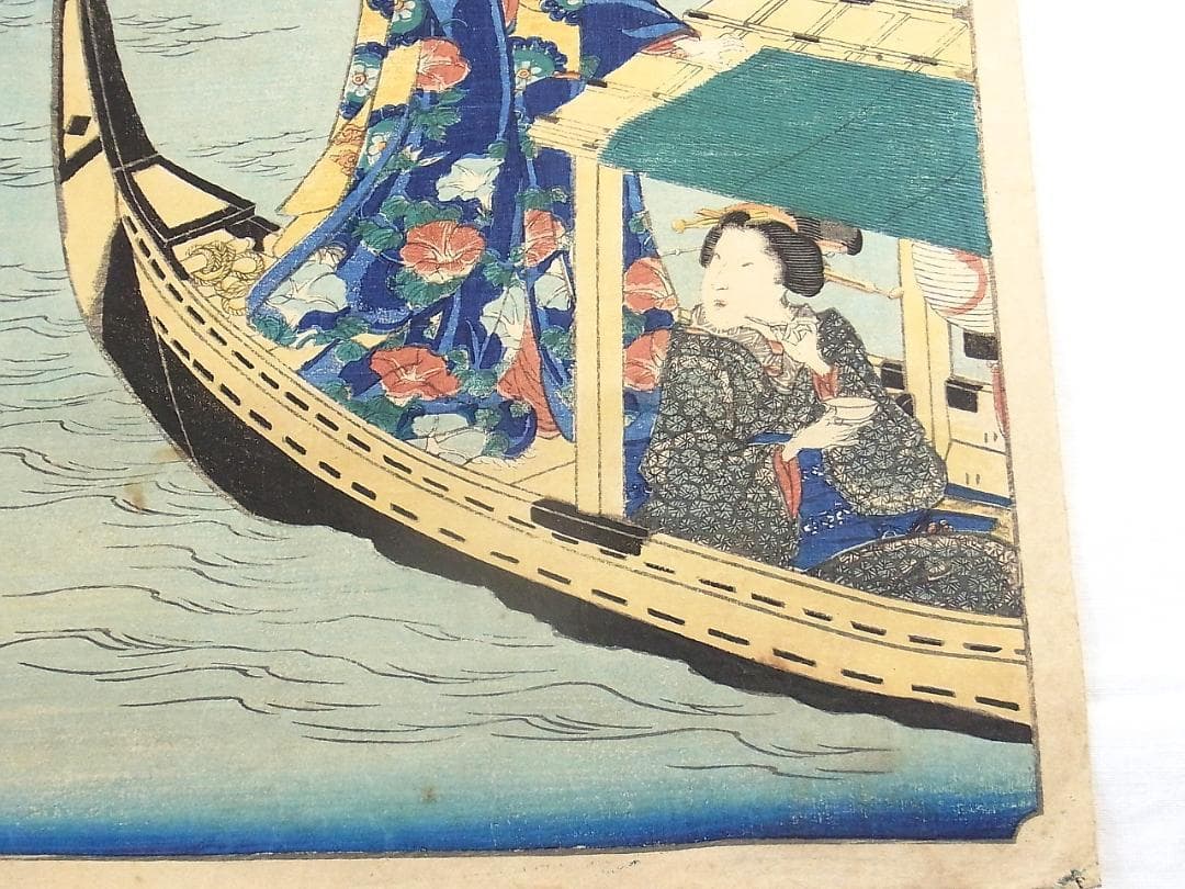 江戸浮世絵 芳艶作 舟遊び美人図 花火と芝浦の景 木版画 アンティーク