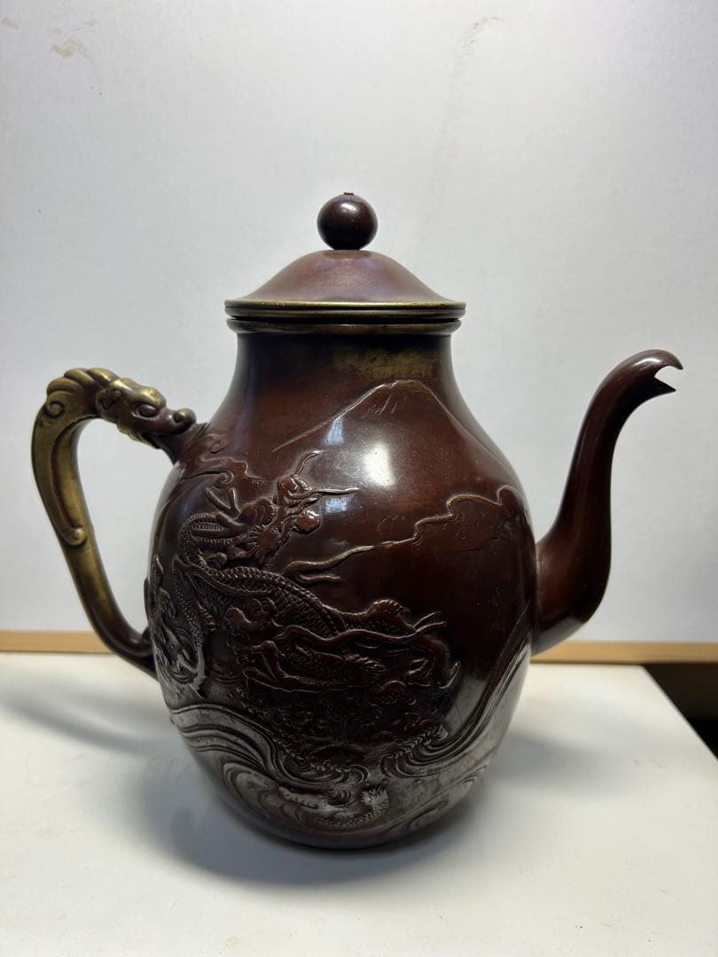 銅製ドラゴン彫刻ティーポット昌晴正 茶托4枚せット