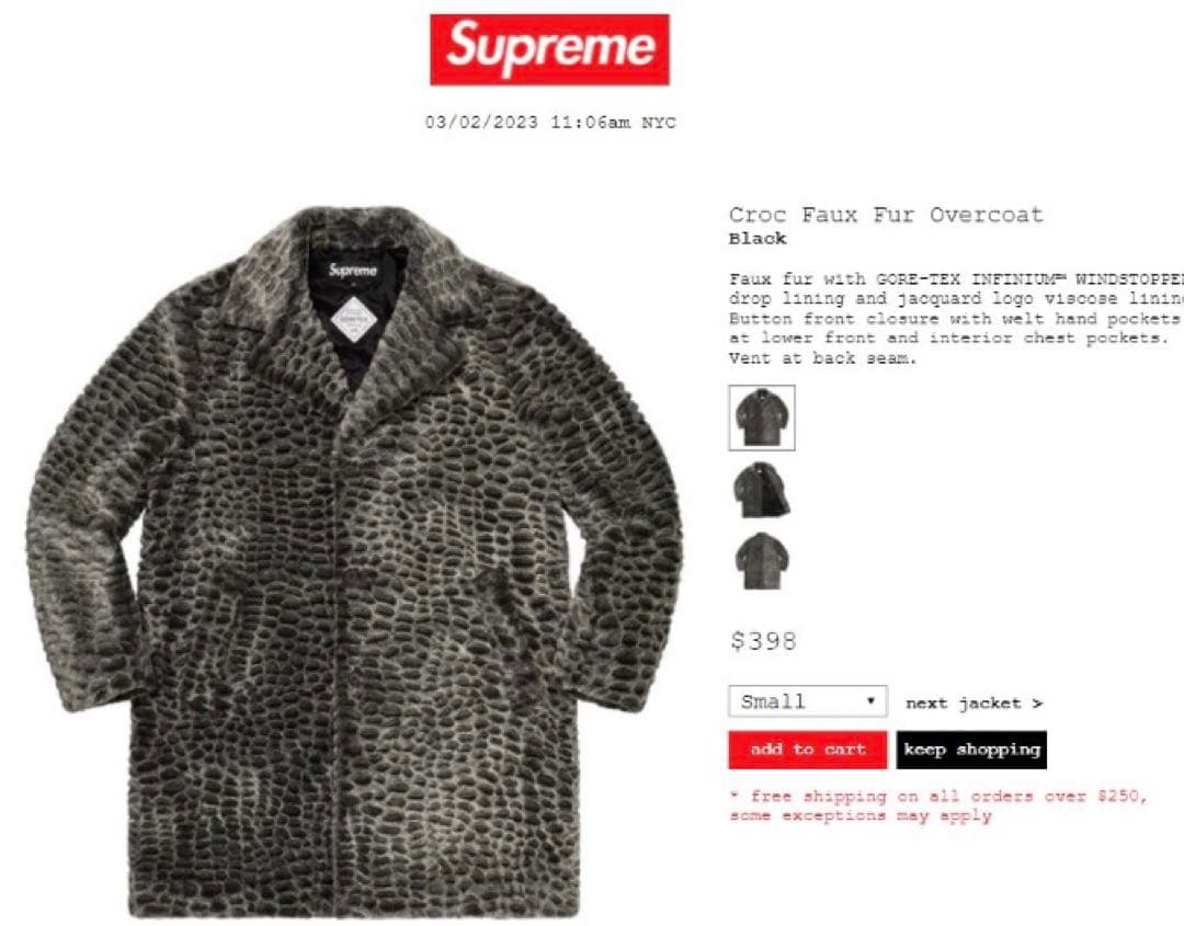 美品　Supreme Croc Faux Fur Overcoat コート Buy Supreme Croc Faux Fur Overcoat 'Black' - SS23J64 BLACK | GOAT
