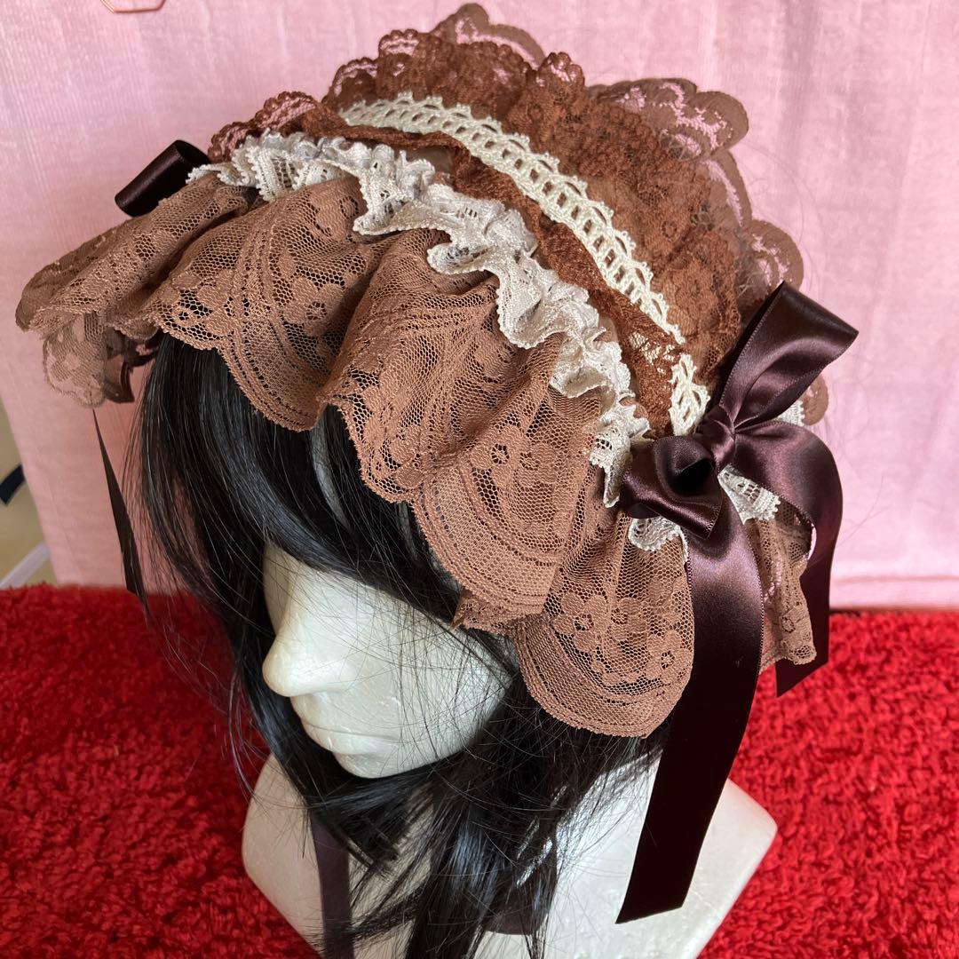 ブラウン×オフホワイト】ハーフボンネット風ヘッドドレス【手作り